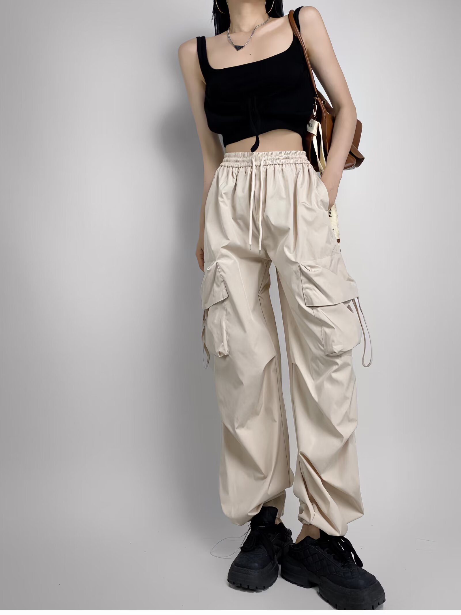 Loose Fit Jazz-Style American Street Drawstring Cargo Pants for Women - Casual Draped Straight-Leg Wide-Leg Dance Trousers Loose Fit Jazz-Style American Street Drawstring Cargo Pants for Women - Casual Draped Straight-Leg Wide-Leg Dance Trousers