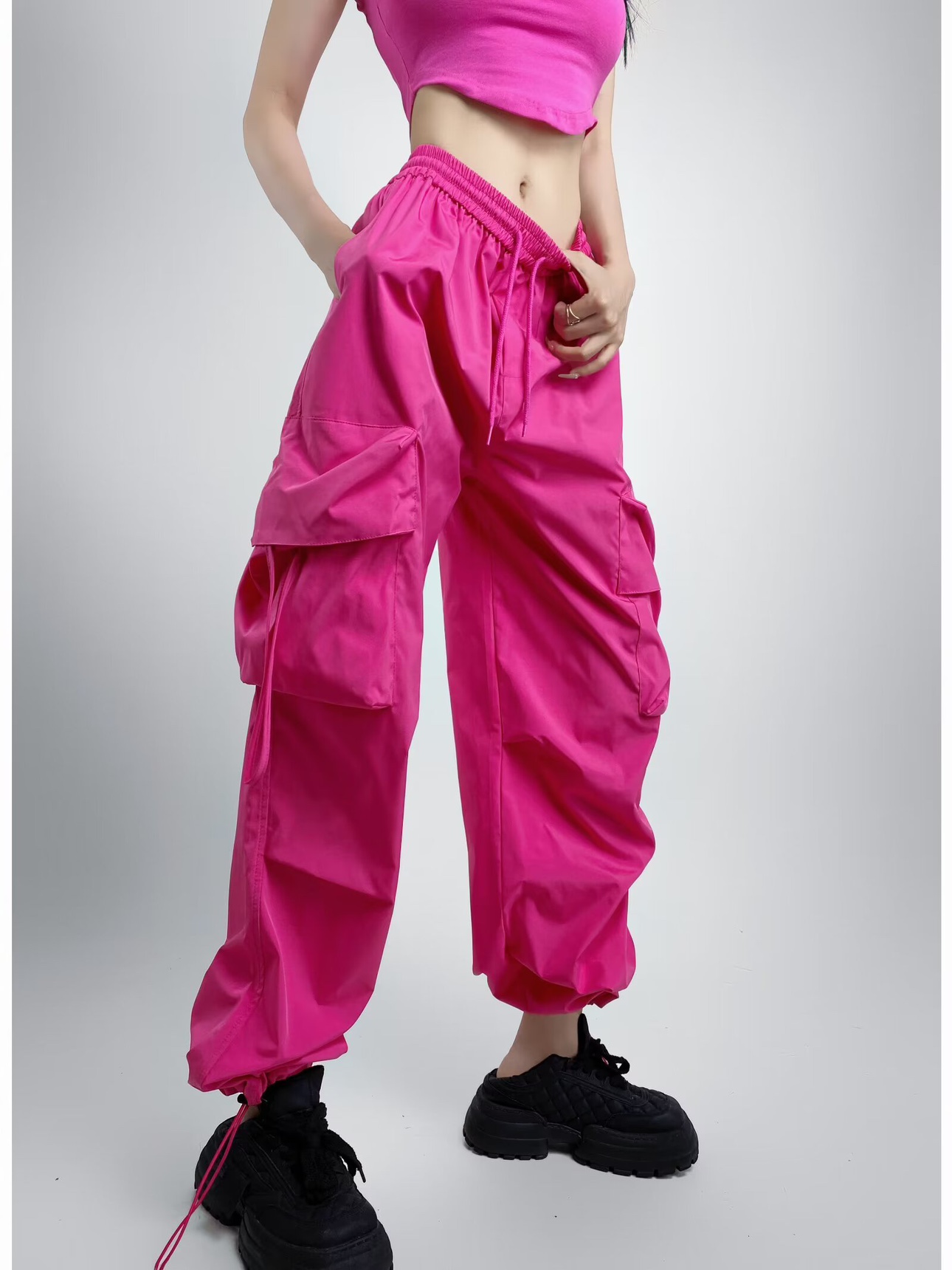 Loose Fit Jazz-Style American Street Drawstring Cargo Pants for Women - Casual Draped Straight-Leg Wide-Leg Dance Trousers Loose Fit Jazz-Style American Street Drawstring Cargo Pants for Women - Casual Draped Straight-Leg Wide-Leg Dance Trousers