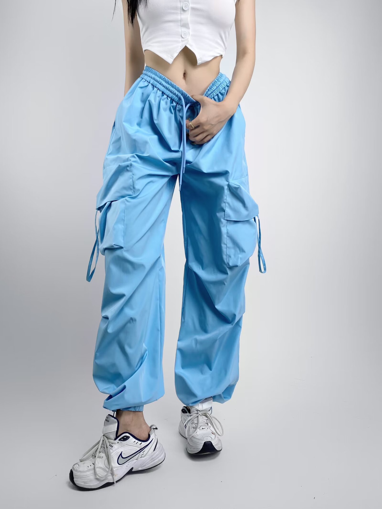 Loose Fit Jazz-Style American Street Drawstring Cargo Pants for Women - Casual Draped Straight-Leg Wide-Leg Dance Trousers Loose Fit Jazz-Style American Street Drawstring Cargo Pants for Women - Casual Draped Straight-Leg Wide-Leg Dance Trousers