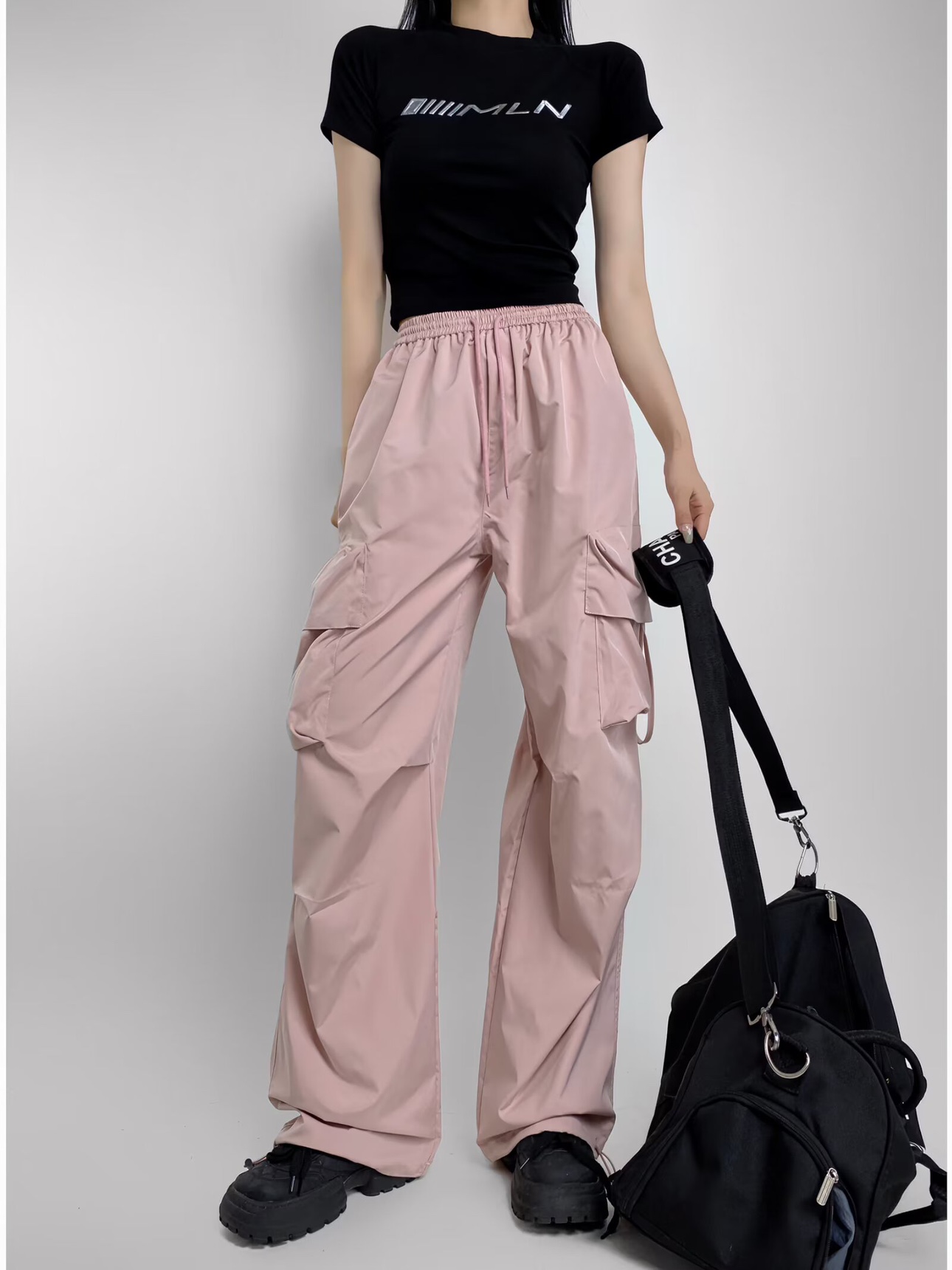 Loose Fit Jazz-Style American Street Drawstring Cargo Pants for Women - Casual Draped Straight-Leg Wide-Leg Dance Trousers Loose Fit Jazz-Style American Street Drawstring Cargo Pants for Women - Casual Draped Straight-Leg Wide-Leg Dance Trousers