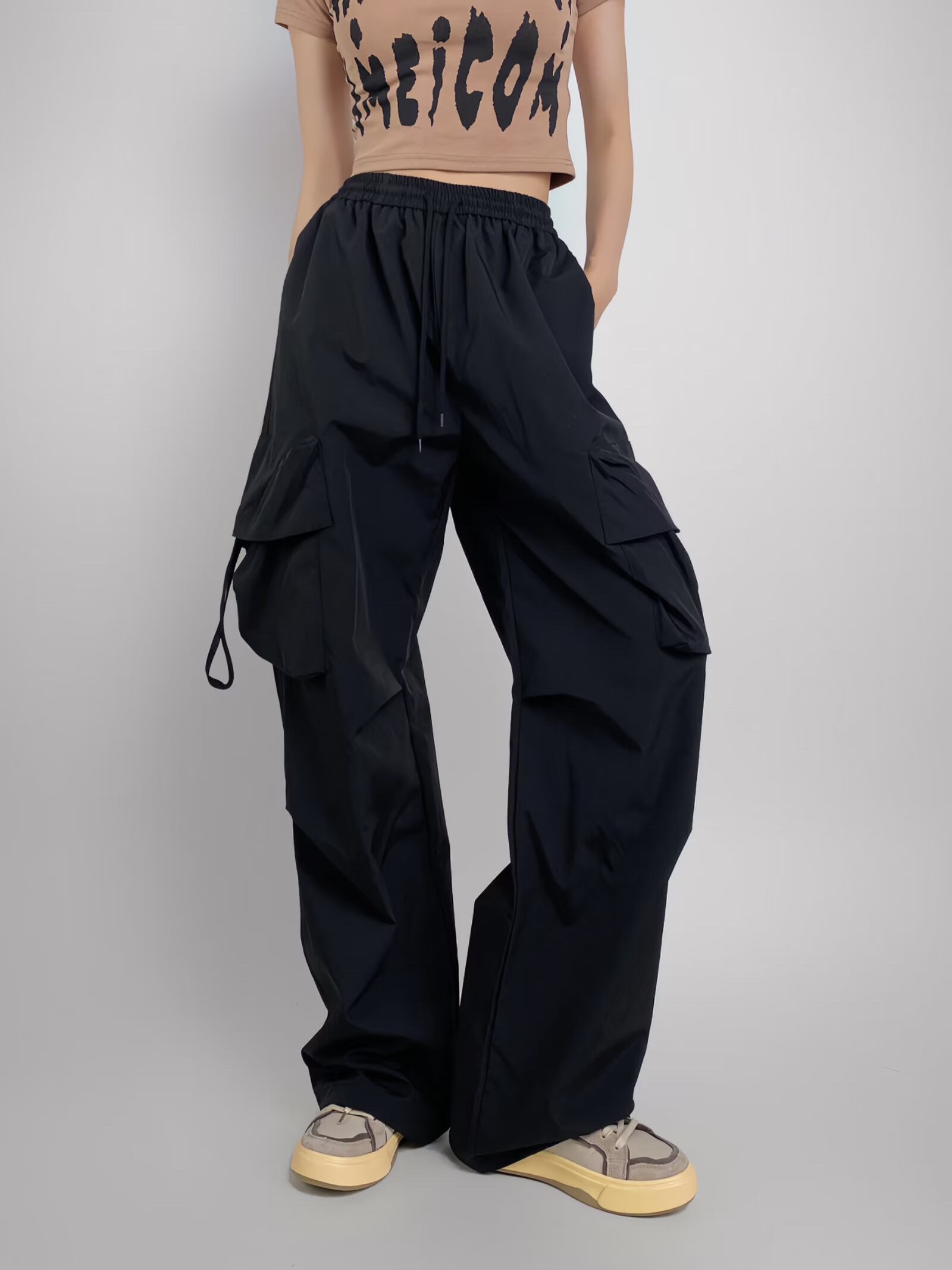 Loose Fit Jazz-Style American Street Drawstring Cargo Pants for Women - Casual Draped Straight-Leg Wide-Leg Dance Trousers