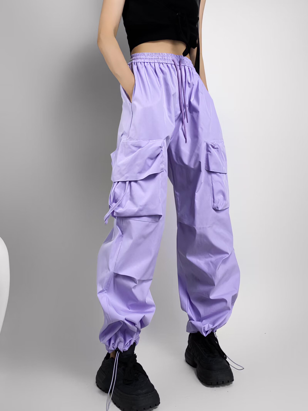 Loose Fit Jazz-Style American Street Drawstring Cargo Pants for Women - Casual Draped Straight-Leg Wide-Leg Dance Trousers Loose Fit Jazz-Style American Street Drawstring Cargo Pants for Women - Casual Draped Straight-Leg Wide-Leg Dance Trousers