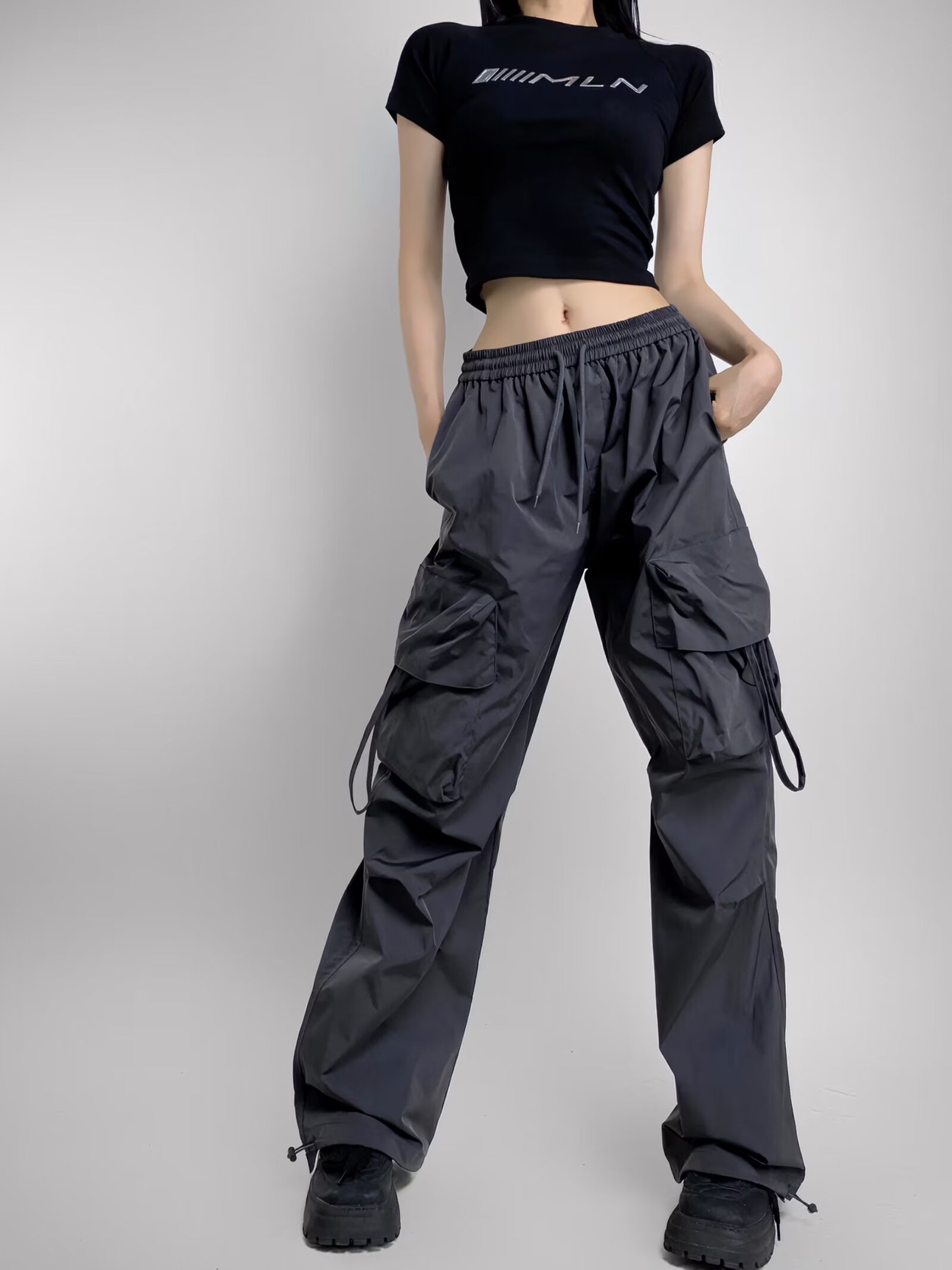 Loose Fit Jazz-Style American Street Drawstring Cargo Pants for Women - Casual Draped Straight-Leg Wide-Leg Dance Trousers Loose Fit Jazz-Style American Street Drawstring Cargo Pants for Women - Casual Draped Straight-Leg Wide-Leg Dance Trousers