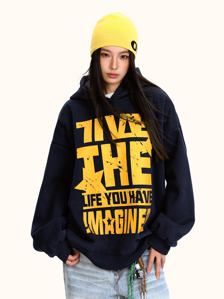 Loose Fit Retro American Letter Print Hoodie for Men and Women - Casual Street Style Hip Hop Jacket