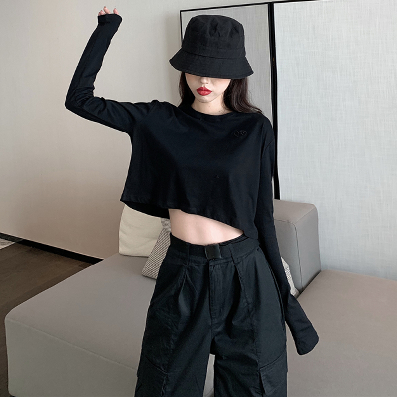 Loose-Fitting Black Long Sleeve T-Shirt for Jazz Dancing, Youthful Hip Hop Style, Versatile Casual Top
