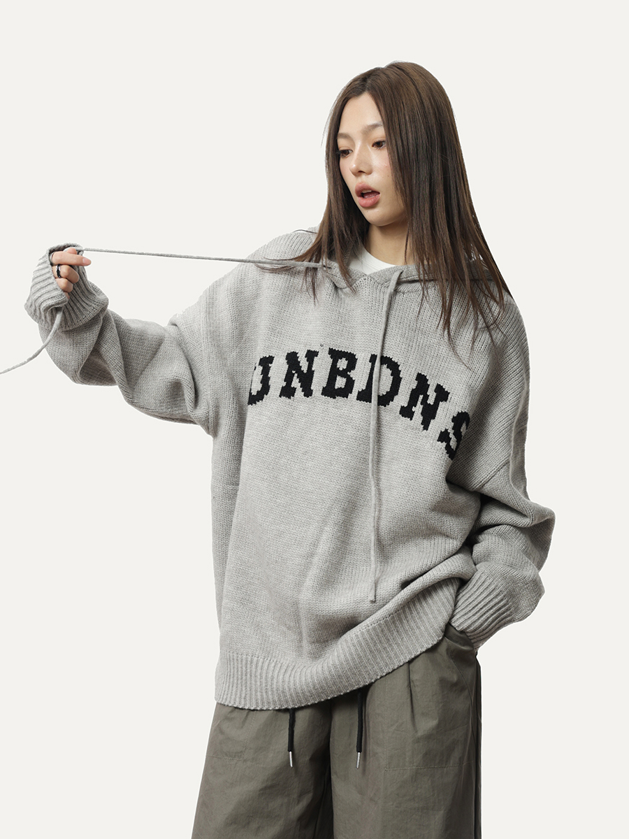Loose Gray Hooded Knitted Sweater for Women - American Retro Style Sweatshirt Jacket for Autumn and Winter Fashion