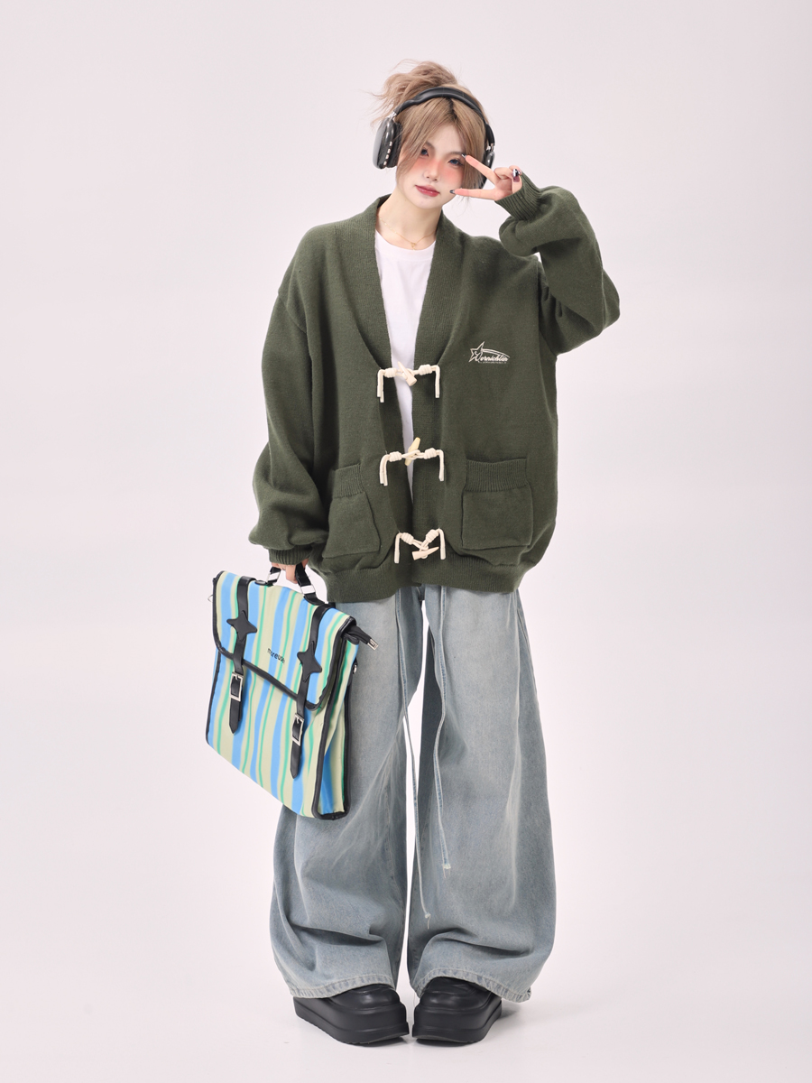 Loose Green Knitted Cardigan Coat for Women - Milk-Style Lazy Wind Design, Autumn Winter 2025 Fashion