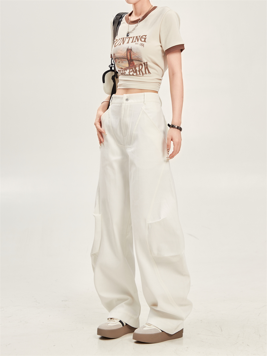 Loose High-Waisted Pleated Wide-Leg Work Pants for Women - Relaxed Casual Slimming White Trousers, 90s Inspired Fashion