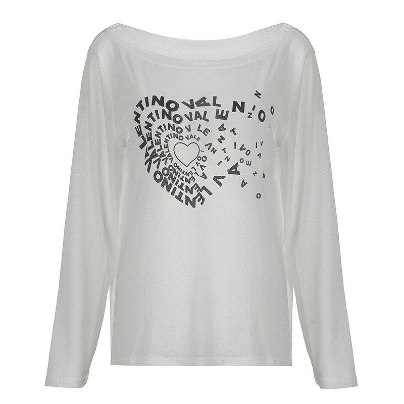 Loose Long-Sleeve T-Shirt for Women, Lazy Style with White Heart Print, Casual 90s-Inspired Fashion Top