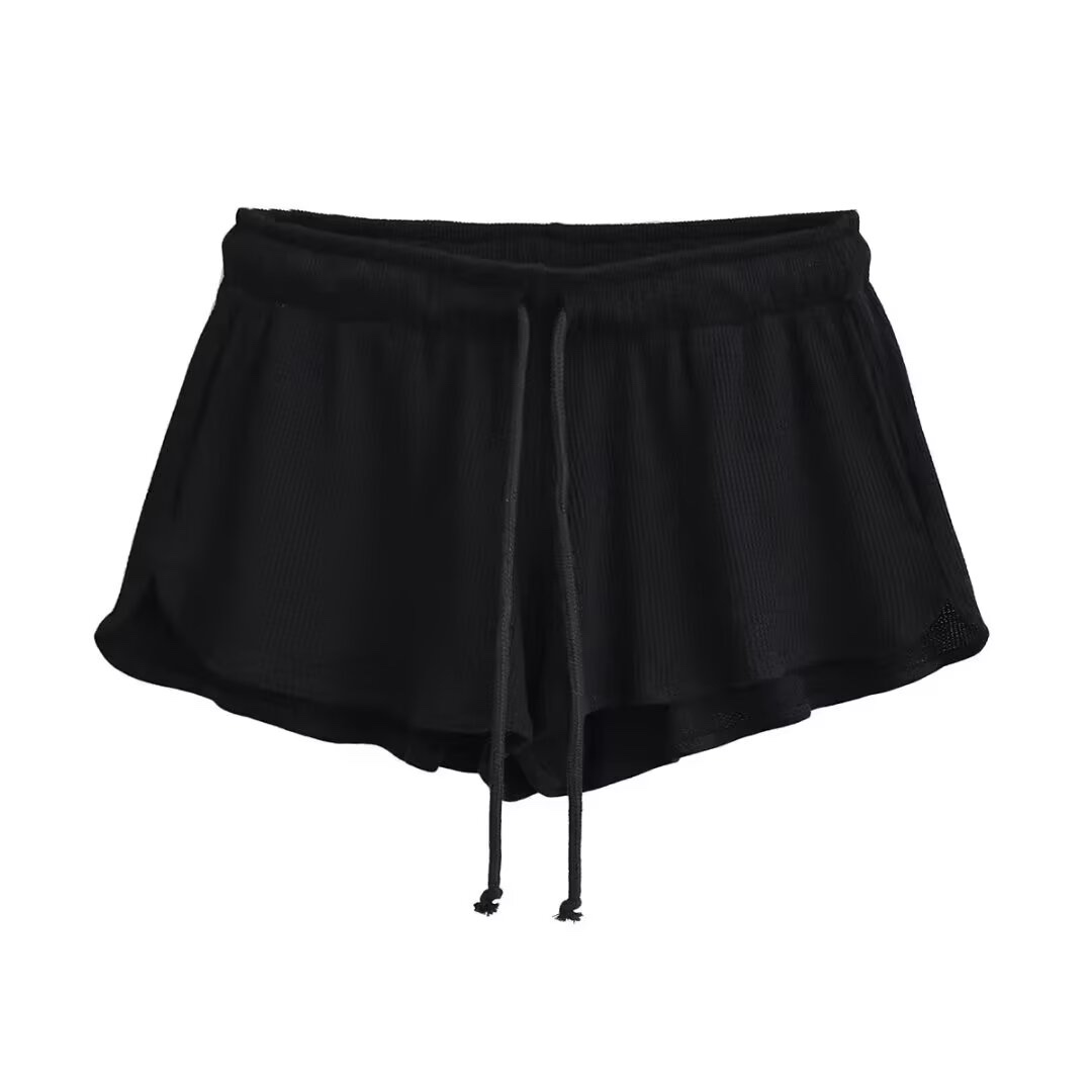 Loose Low-Waist Waffle Ribbed Sports Shorts with Elastic Split Lace-Up - Casual Jazz Street Dance Style Loose Low-Waist Waffle Ribbed Sports Shorts with Elastic Split Lace-Up - Casual Jazz Street Dance Style