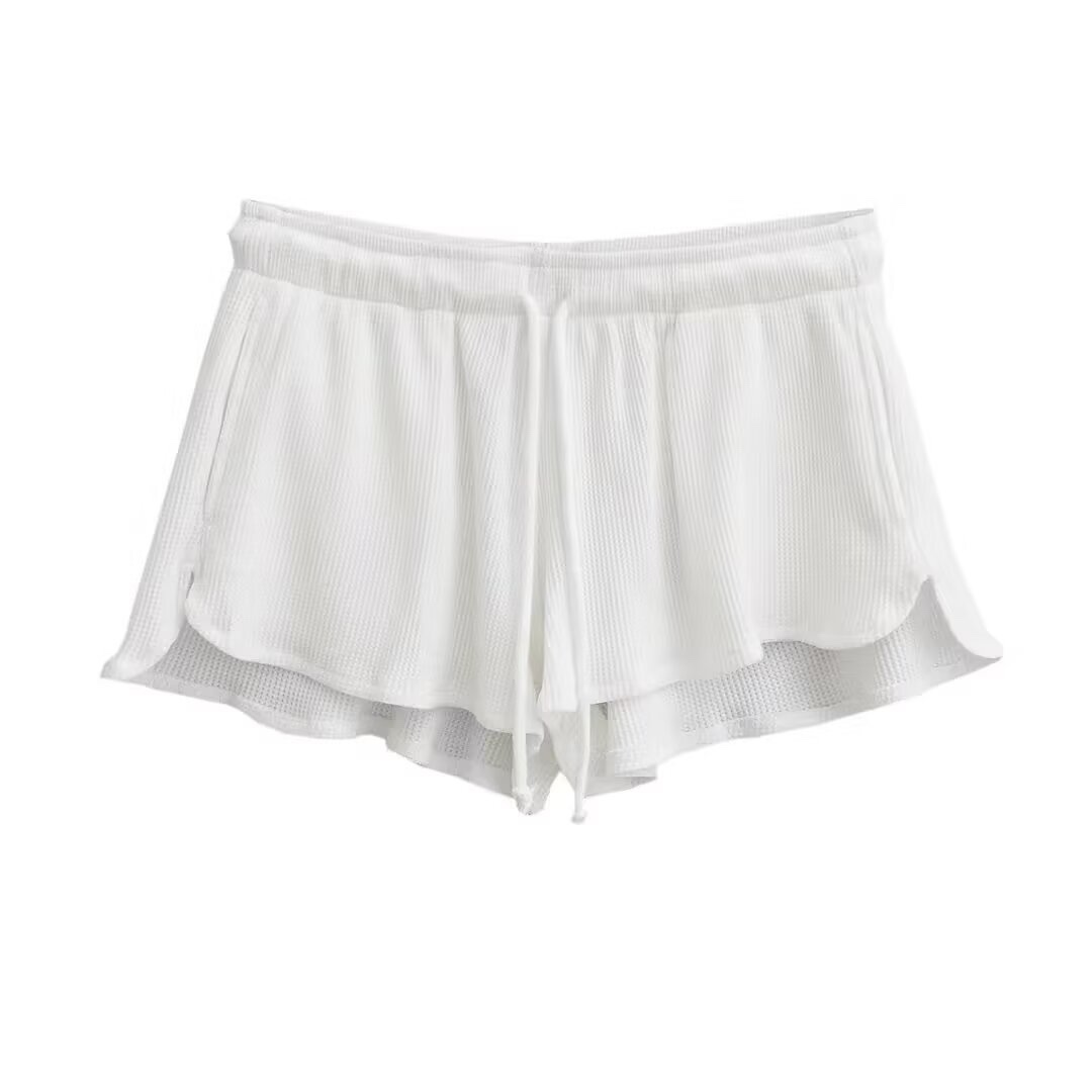 Loose Low-Waist Waffle Ribbed Sports Shorts with Elastic Split Lace-Up - Casual Jazz Street Dance Style Loose Low-Waist Waffle Ribbed Sports Shorts with Elastic Split Lace-Up - Casual Jazz Street Dance Style