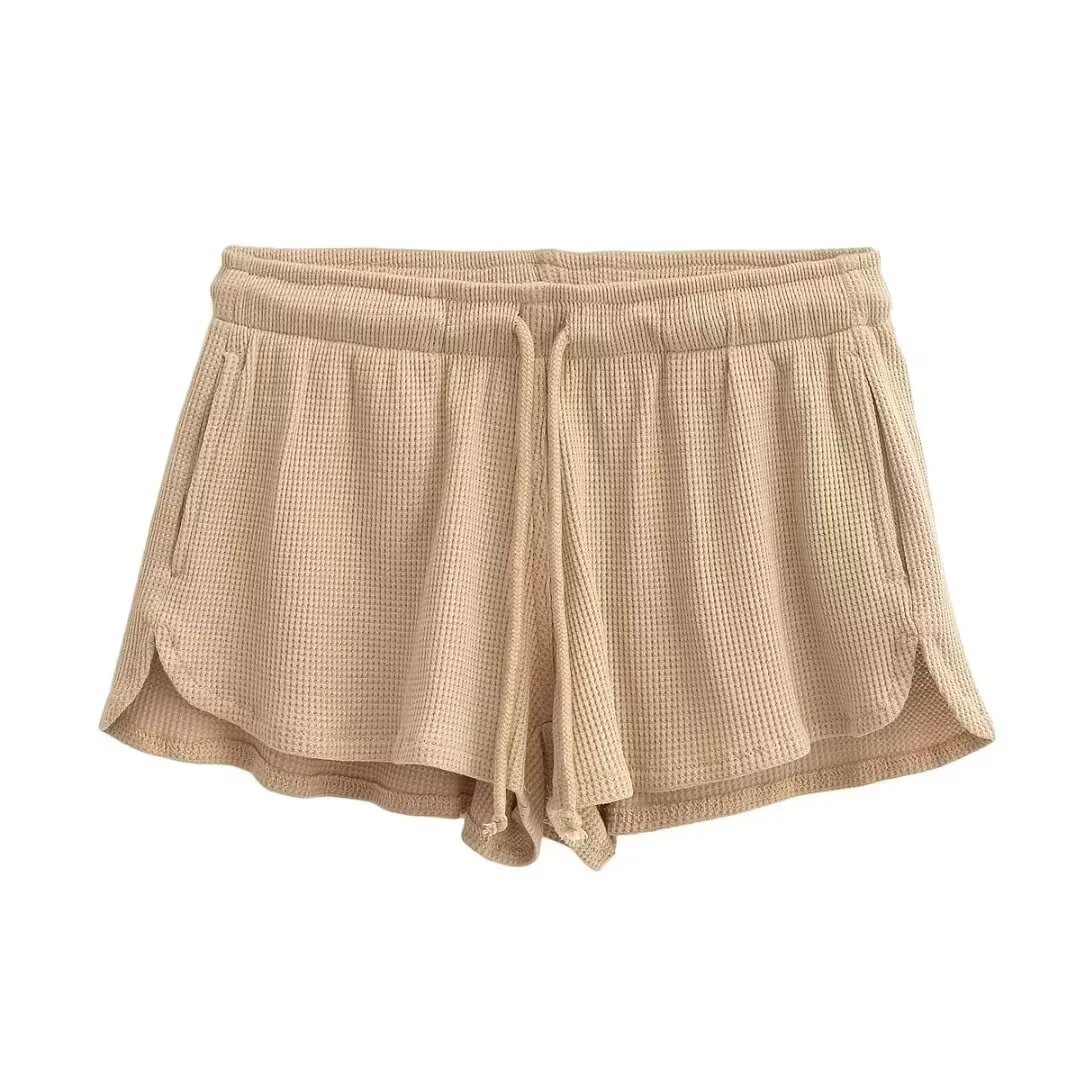 Loose Low-Waist Waffle Ribbed Sports Shorts with Elastic Split Lace-Up - Casual Jazz Street Dance Style Loose Low-Waist Waffle Ribbed Sports Shorts with Elastic Split Lace-Up - Casual Jazz Street Dance Style
