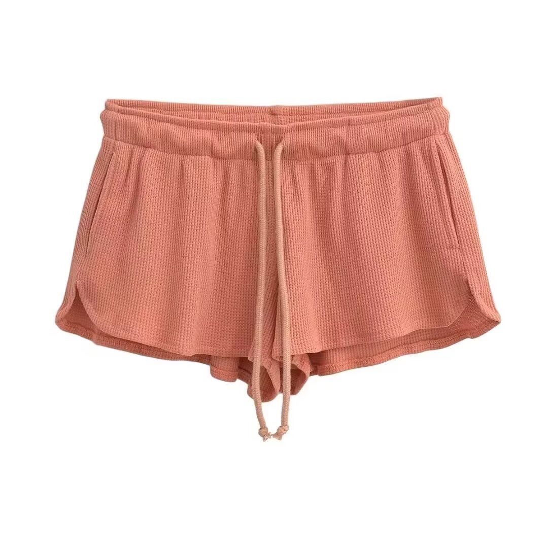 Loose Low-Waist Waffle Ribbed Sports Shorts with Elastic Split Lace-Up - Casual Jazz Street Dance Style Loose Low-Waist Waffle Ribbed Sports Shorts with Elastic Split Lace-Up - Casual Jazz Street Dance Style