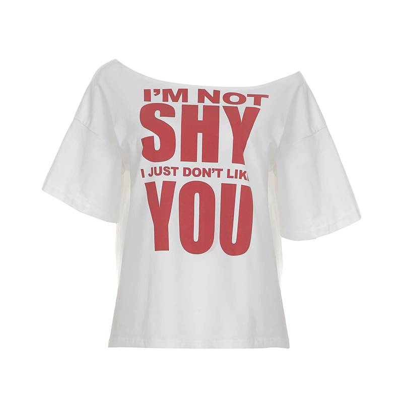 Loose White T-Shirt with Letter Print, Off-Shoulder Design, Casual Summer Top for Stylish Girls, Trendy Y2K Fashion