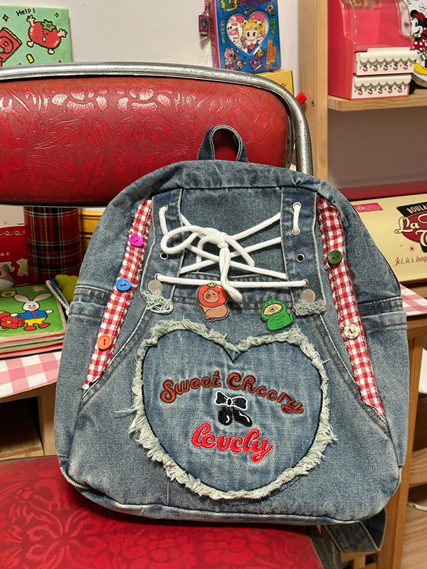 Love Heart Embroidery Double-Shoulder Denim Backpack Retro Women's Bag for Students, Millennium Style Small Tote