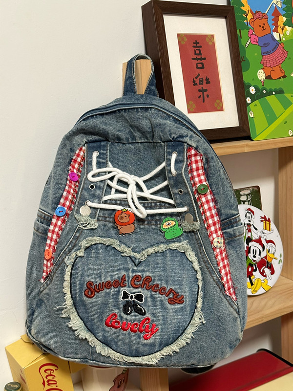 Love Heart Embroidery Double-Shoulder Denim Backpack Retro Women's Bag for Students, Millennium Style Small Tote
