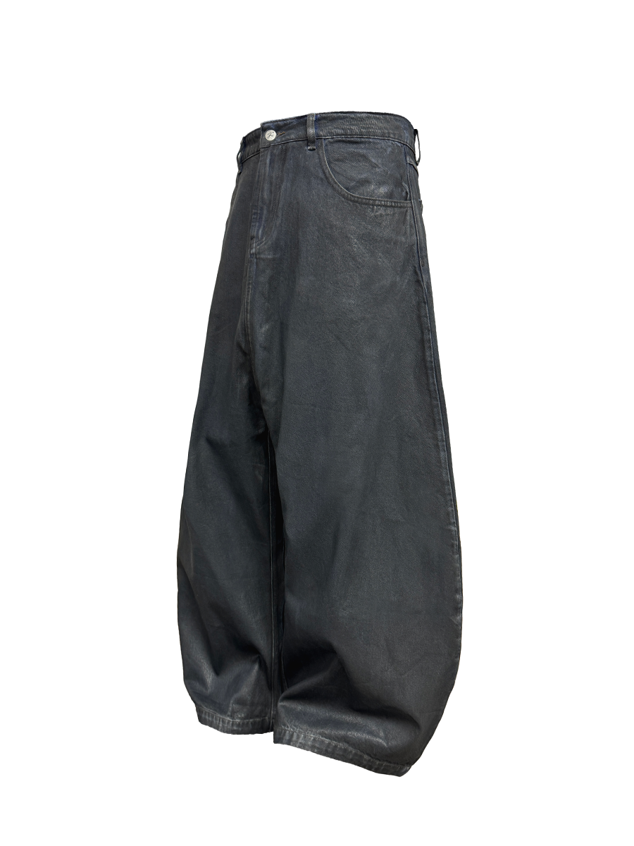 Low-Crotch Waxed Curved Blade Jeans in Washed Blue and Black Layered Fabric - Trendy Y2K Denim Fashion Low-Crotch Waxed Curved Blade Jeans in Washed Blue and Black Layered Fabric - Trendy Y2K Denim Fashion