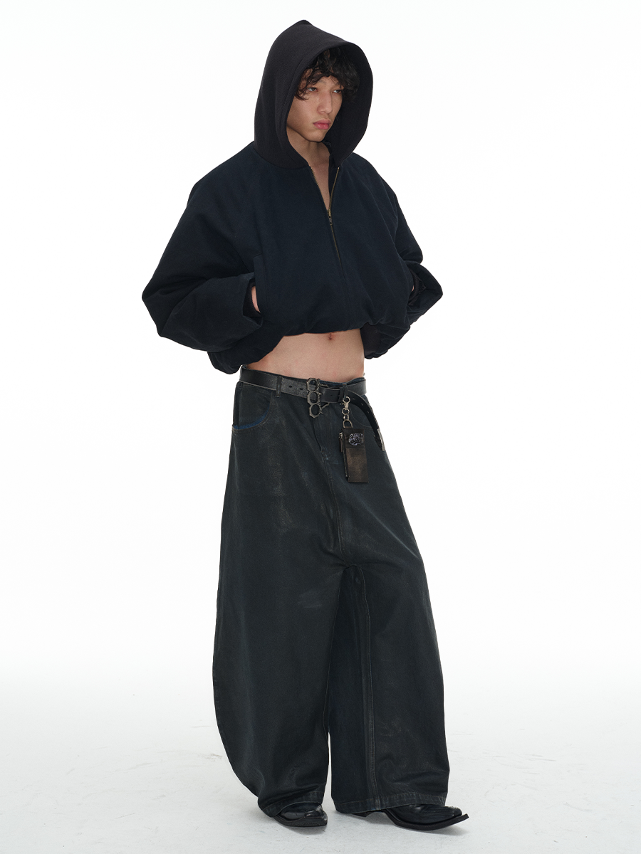 Low-Crotch Waxed Curved Blade Jeans in Washed Blue and Black Layered Fabric - Trendy Y2K Denim Fashion Low-Crotch Waxed Curved Blade Jeans in Washed Blue and Black Layered Fabric - Trendy Y2K Denim Fashion