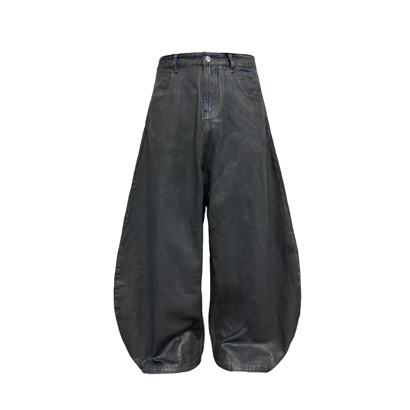 Low-Crotch Waxed Curved Blade Jeans in Washed Blue and Black Layered Fabric - Trendy Y2K Denim Fashion