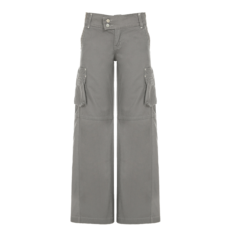 Low-Rise Pleated Cargo Pants for Women - Sexy Wide-Leg Gray Jeans in American Street Style