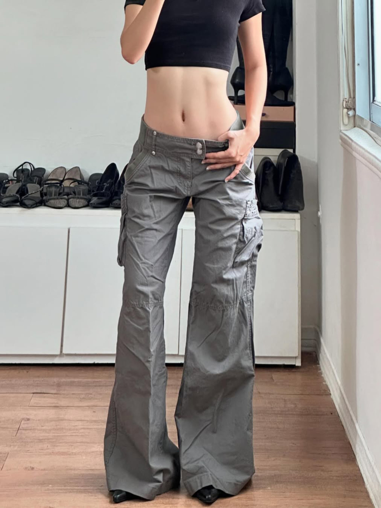 Low-Rise Pleated Cargo Pants for Women - Sexy Wide-Leg Gray Jeans in American Street Style