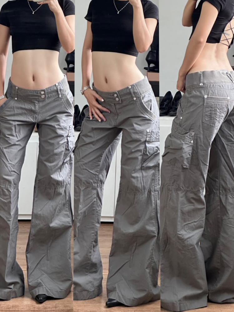Low-Rise Pleated Cargo Pants for Women - Sexy Wide-Leg Gray Jeans in American Street Style Low-Rise Pleated Cargo Pants for Women - Sexy Wide-Leg Gray Jeans in American Street Style