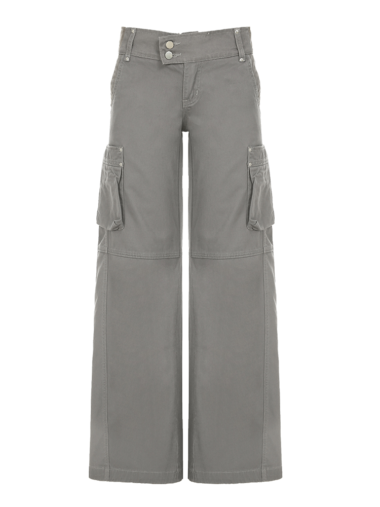 Low-Rise Pleated Cargo Pants for Women - Sexy Wide-Leg Gray Jeans in American Street Style Low-Rise Pleated Cargo Pants for Women - Sexy Wide-Leg Gray Jeans in American Street Style