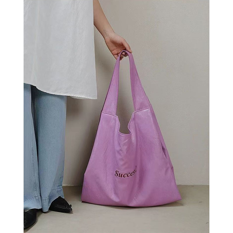Magenta Soft Leather Tote Bag with Embroidered Letters, Large Capacity, Commuter Style, Versatile Shoulder and Underarm Design