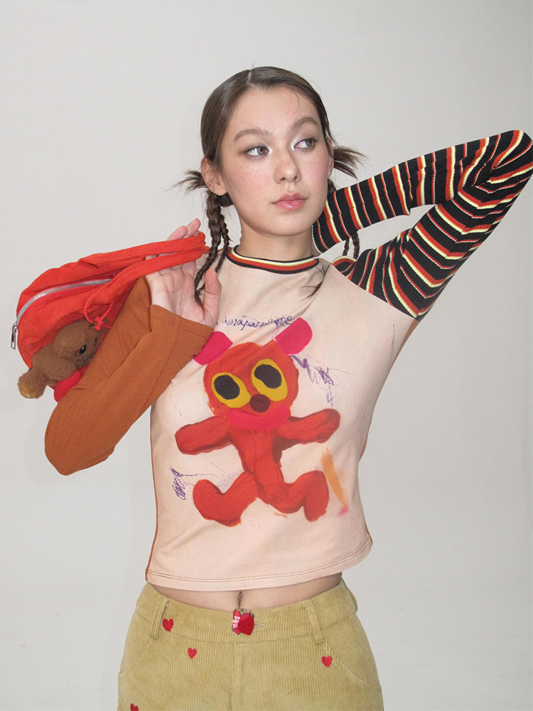 Mandarin Collar Long Sleeve T-Shirt with Graffiti Running Bear Design - Slim Fit Artist Original Style for 90s and Y2K Fashion Mandarin Collar Long Sleeve T-Shirt with Graffiti Running Bear Design - Slim Fit Artist Original Style for 90s and Y2K Fashion