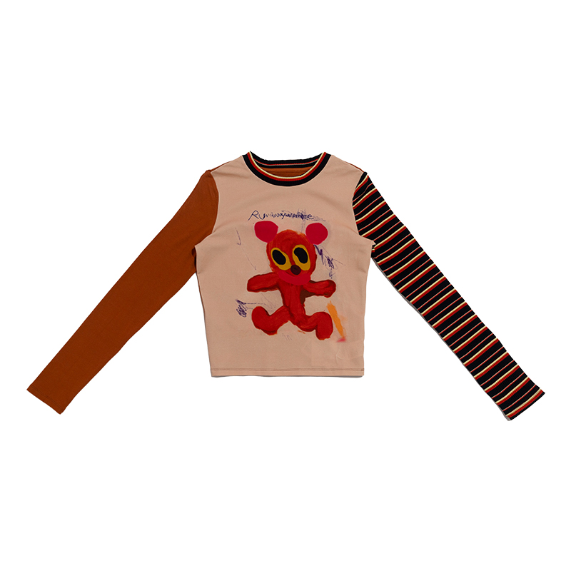 Mandarin Collar Long Sleeve T-Shirt with Graffiti Running Bear Design - Slim Fit Artist Original Style for 90s and Y2K Fashion