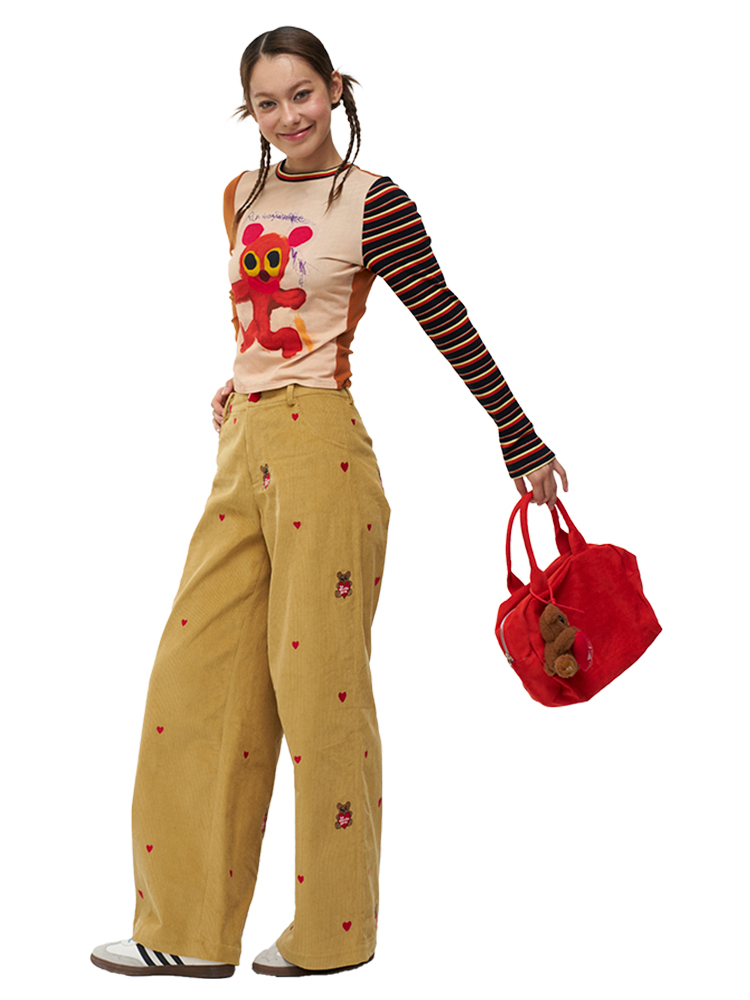 Mandarin Collar Long Sleeve T-Shirt with Graffiti Running Bear Design - Slim Fit Artist Original Style for 90s and Y2K Fashion Mandarin Collar Long Sleeve T-Shirt with Graffiti Running Bear Design - Slim Fit Artist Original Style for 90s and Y2K Fashion