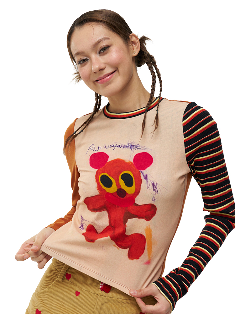 Mandarin Collar Long Sleeve T-Shirt with Graffiti Running Bear Design - Slim Fit Artist Original Style for 90s and Y2K Fashion