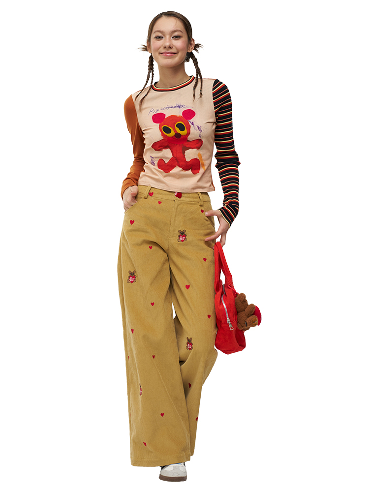 Mandarin Collar Long Sleeve T-Shirt with Graffiti Running Bear Design - Slim Fit Artist Original Style for 90s and Y2K Fashion Mandarin Collar Long Sleeve T-Shirt with Graffiti Running Bear Design - Slim Fit Artist Original Style for 90s and Y2K Fashion