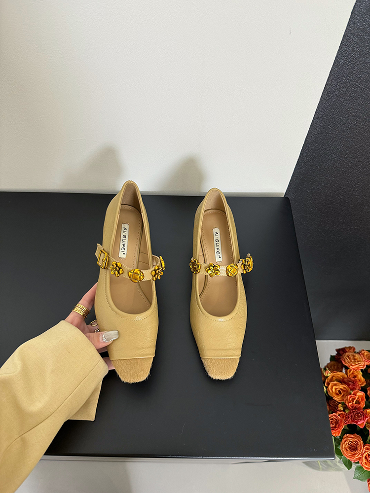 Mary Jane Ballet Flats in Genuine Leather and Horsehair with Metal Buckle - Spring/Summer 2025 High-Heeled Shoes
