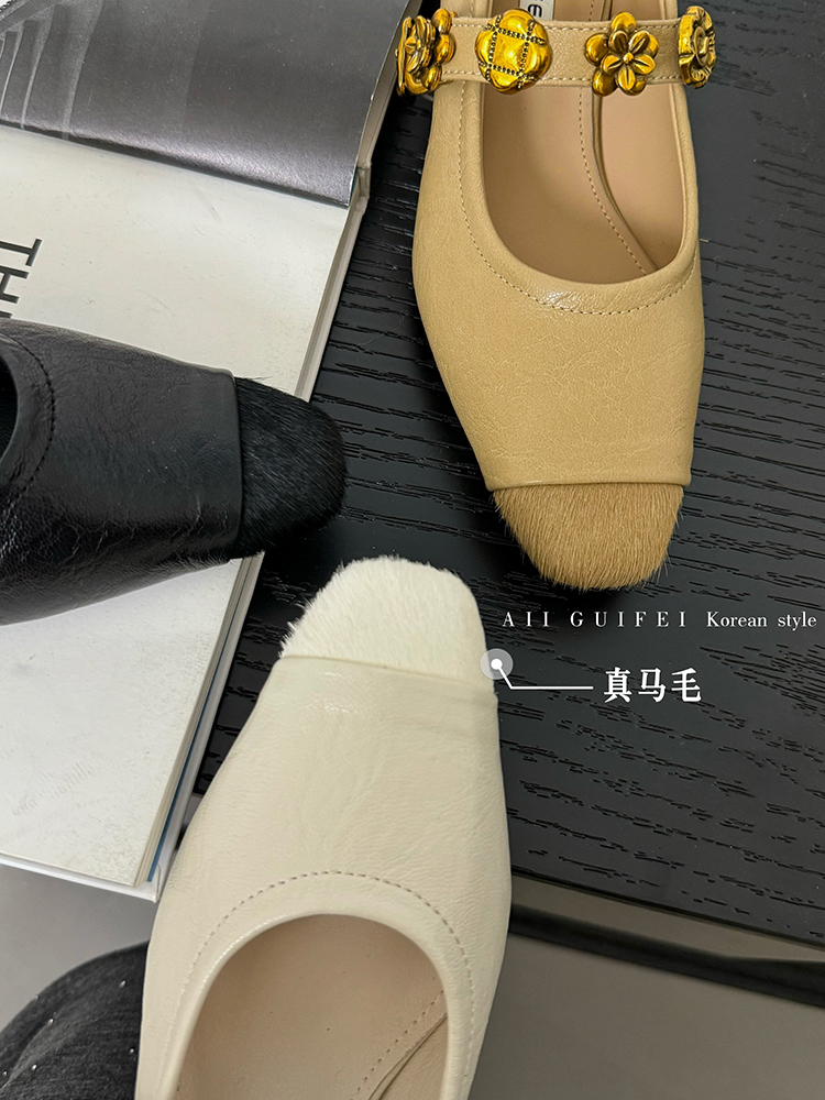 Mary Jane Ballet Flats in Genuine Leather and Horsehair with Metal Buckle - Spring/Summer 2025 High-Heeled Shoes