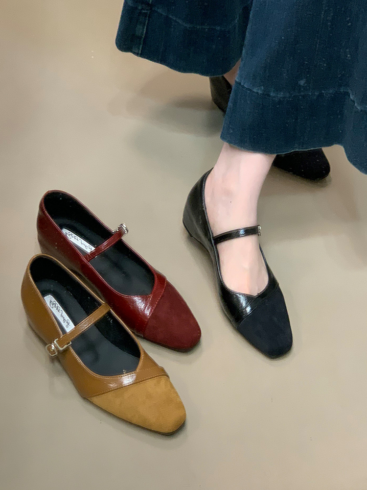 Mary Jane Shoes for Women, Shallow Mouth One-Strap Spliced Hidden Height Increase Flats, Versatile for Skirts, Chic Leather Design