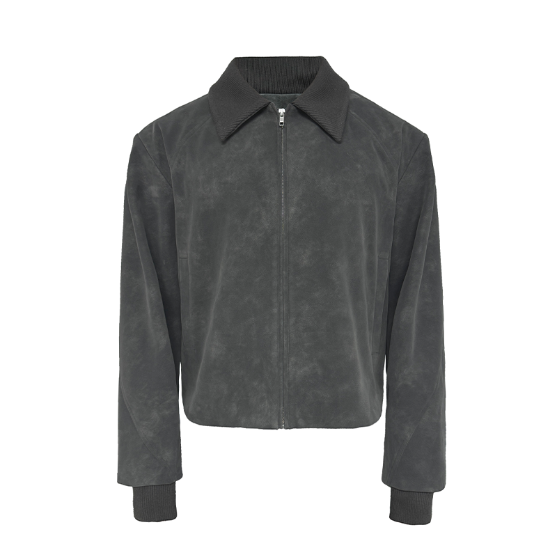 Matte Effect Ribbed Sleeve Leather Jacket with Raglan Structure and Ribbed Cuffs - Chic Fur Coat Style for a Bold Look