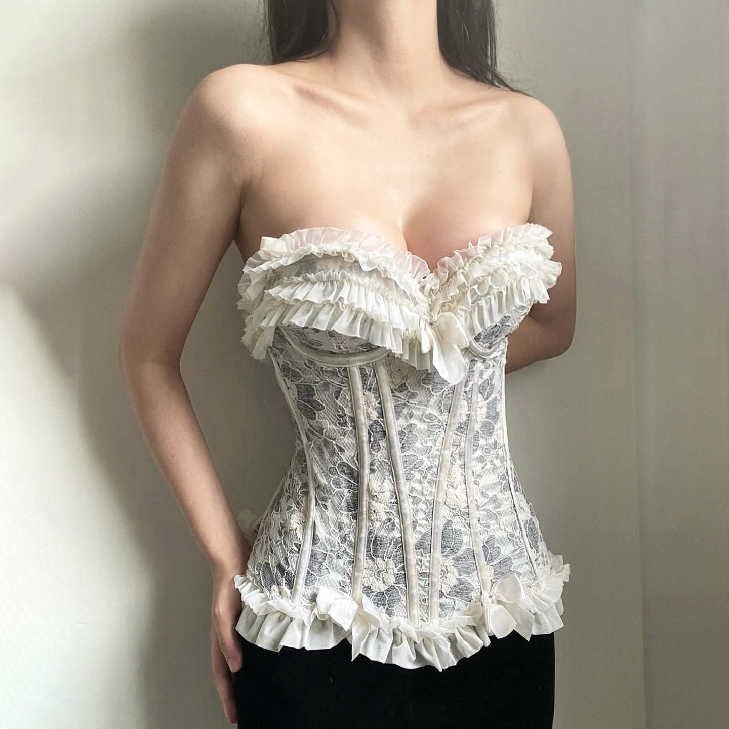 Medieval French Style Sexy Printed Strapless Top with Ruffles and Bowknot - Y2K Inspired Fashion