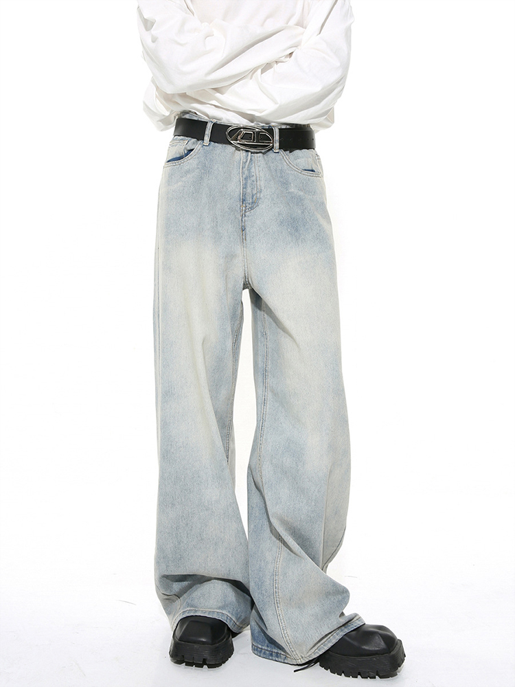 Men's American Retro Clean-Fit Design Washed Straight-Leg Jeans, Loose Casual Wide-Leg Floor-Length Pants