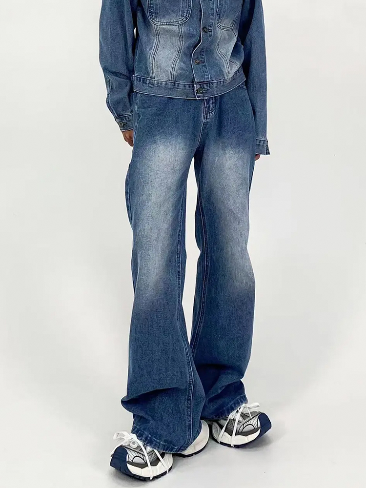 Men's American Retro Clean Fit Slim High Loose Straight-Leg Jeans - Washed Light Blue Slightly Flared Pants Men's American Retro Clean Fit Slim High Loose Straight-Leg Jeans - Washed Light Blue Slightly Flared Pants