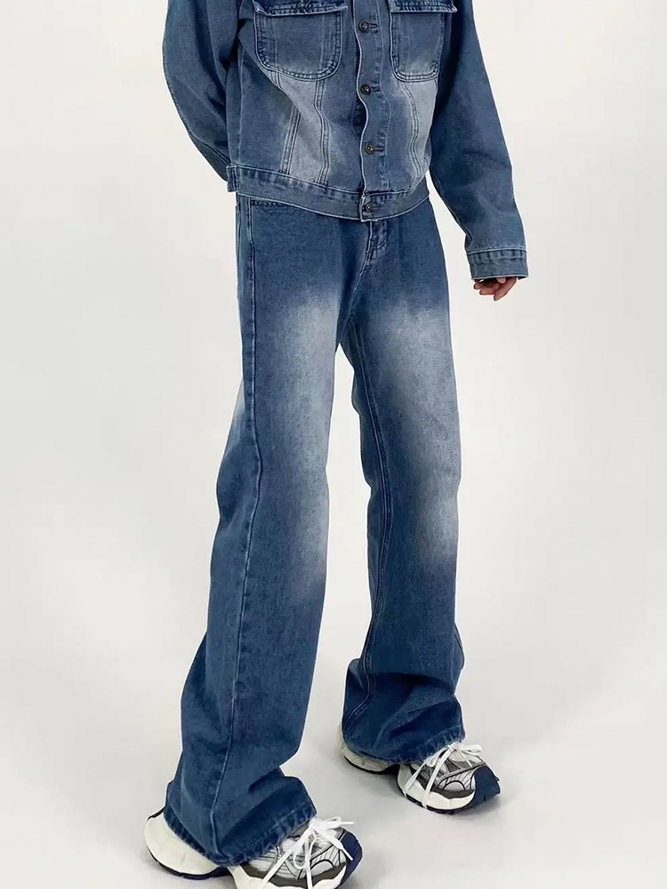 Men's American Retro Clean Fit Slim High Loose Straight-Leg Jeans - Washed Light Blue Slightly Flared Pants Men's American Retro Clean Fit Slim High Loose Straight-Leg Jeans - Washed Light Blue Slightly Flared Pants