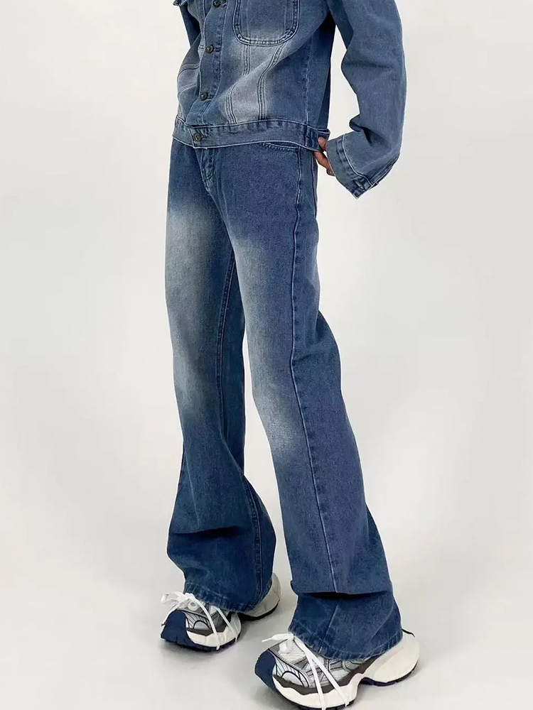 Men's American Retro Clean Fit Slim High Loose Straight-Leg Jeans - Washed Light Blue Slightly Flared Pants Men's American Retro Clean Fit Slim High Loose Straight-Leg Jeans - Washed Light Blue Slightly Flared Pants