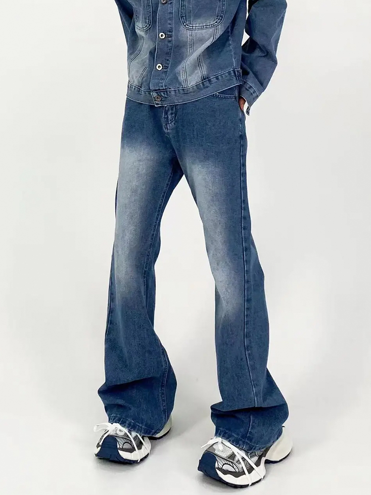 Men's American Retro Clean Fit Slim High Loose Straight-Leg Jeans - Washed Light Blue Slightly Flared Pants