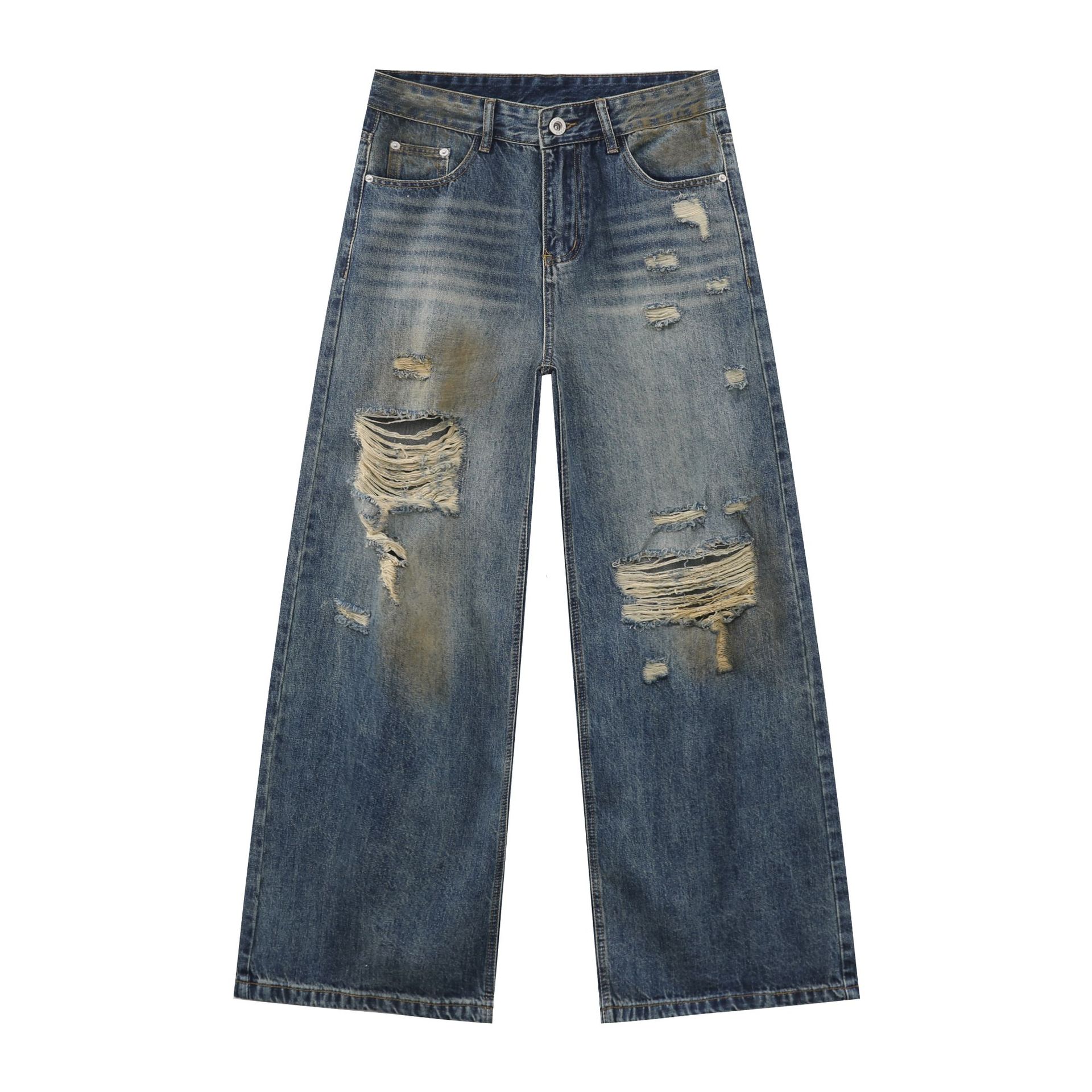 Men's American Retro Distressed Floor-Length Jeans - Washed Loose Straight-Leg Wide-Leg Casual Pants
