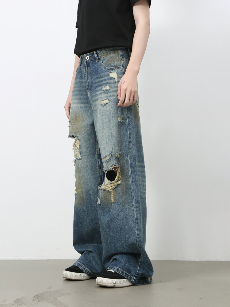 Men's American Retro Distressed Floor-Length Jeans - Washed Loose Straight-Leg Wide-Leg Casual Pants Men's American Retro Distressed Floor-Length Jeans - Washed Loose Straight-Leg Wide-Leg Casual Pants
