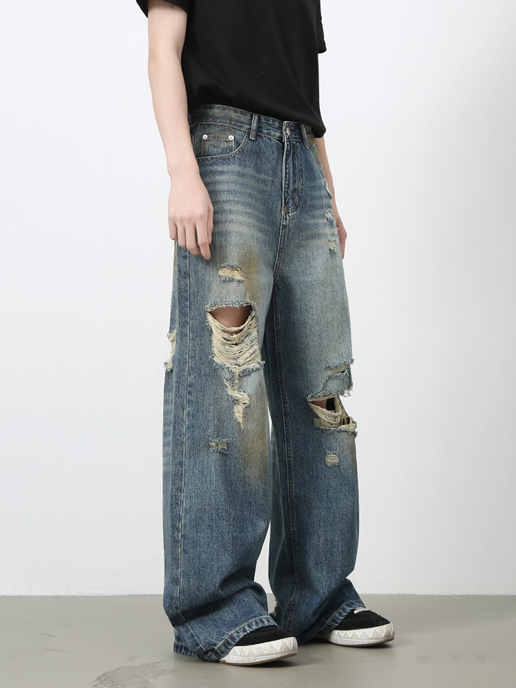 Men's American Retro Distressed Floor-Length Jeans - Washed Loose Straight-Leg Wide-Leg Casual Pants Men's American Retro Distressed Floor-Length Jeans - Washed Loose Straight-Leg Wide-Leg Casual Pants