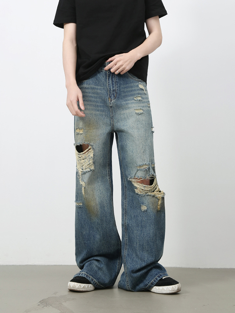 Men's American Retro Distressed Floor-Length Jeans - Washed Loose Straight-Leg Wide-Leg Casual Pants Men's American Retro Distressed Floor-Length Jeans - Washed Loose Straight-Leg Wide-Leg Casual Pants