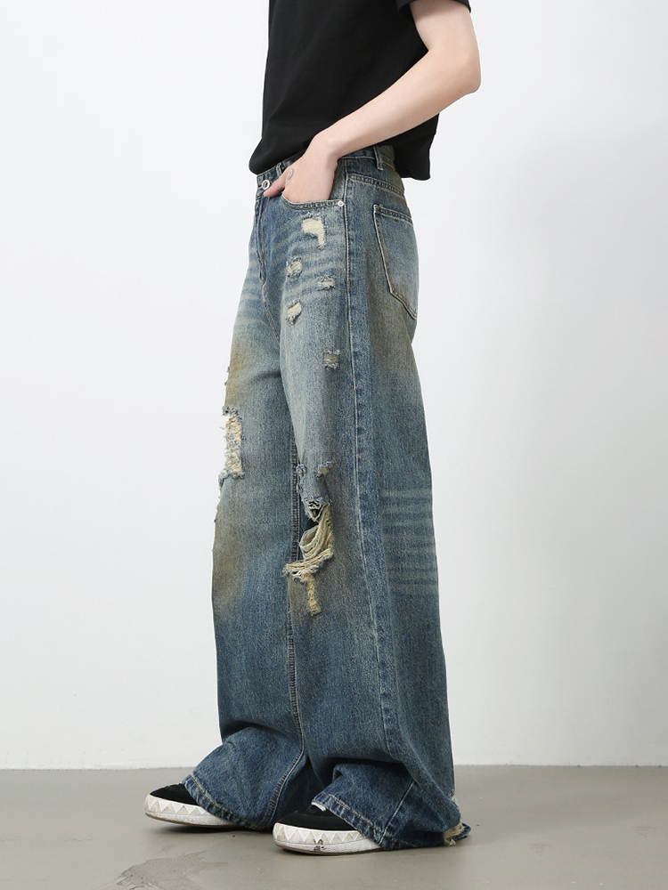 Men's American Retro Distressed Floor-Length Jeans - Washed Loose Straight-Leg Wide-Leg Casual Pants Men's American Retro Distressed Floor-Length Jeans - Washed Loose Straight-Leg Wide-Leg Casual Pants