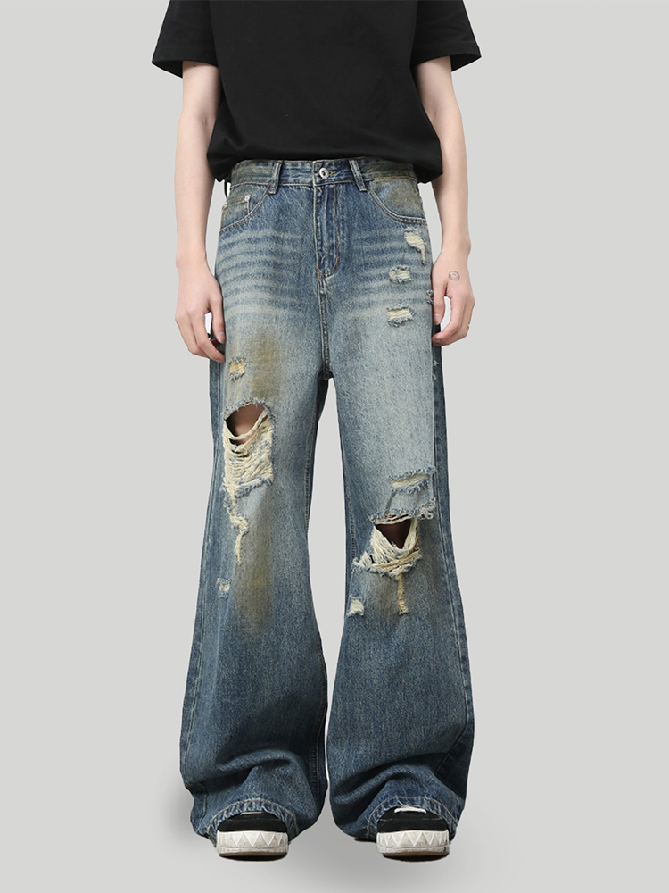 Men's American Retro Distressed Floor-Length Jeans - Washed Loose Straight-Leg Wide-Leg Casual Pants