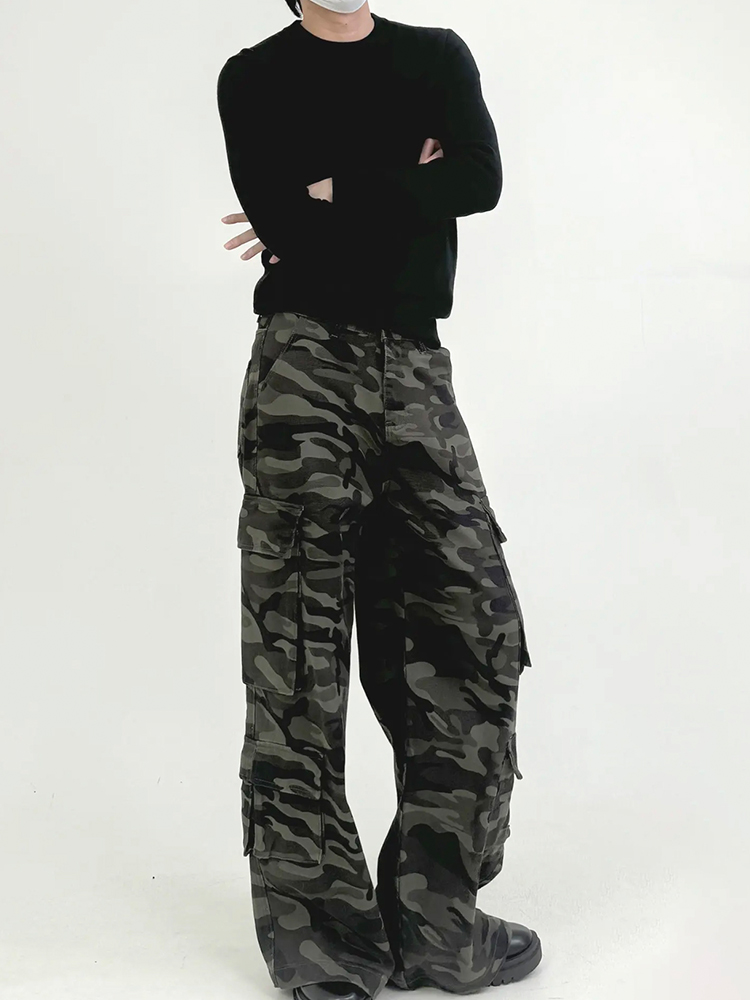 Men's American Retro Heavyweight Camouflage Wide-Leg Casual Pants with Patchwork Pockets - Stylish Loose Fit Workwear
